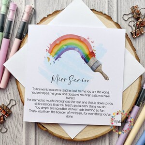 Carte personnalisée du meilleur professeur du monde l Aide-enseignante l Maternelle l Assistante maternelle l Fin de session l Merci arc-en-ciel