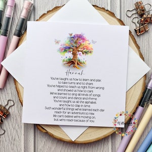 Carte personnalisée pour institutrice l Fin de la maternelle l Préscolaire l Assistante maternelle l Merci l Arbre aux papillons