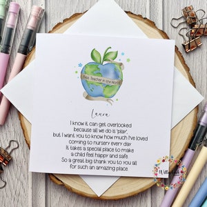 Carte personnalisée pour institutrice l Fin de la maternelle l Préscolaire l Assistante maternelle l Merci l Pomme de l'enseignant
