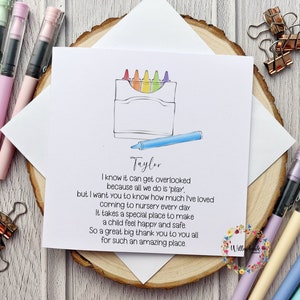 Carte personnalisée pour institutrice l Fin de la maternelle l Préscolaire l Assistante maternelle l Merci l Crayons