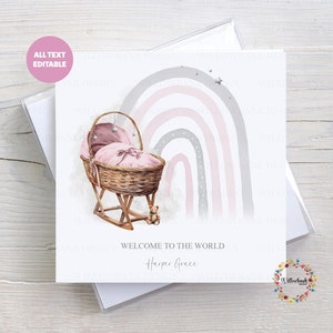 Nouvelle carte de vœux l Félicitations pour la naissance de votre enfant l Personnalisée l Petite fille l Bébé garçon l Bienvenue dans le monde l Panier de Moïse