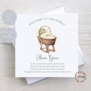 Nouvelle carte de vœux l Félicitations pour la naissance de votre enfant l Personnalisée l Petite fille l Bébé garçon l Bienvenue dans le monde l Panier de Moïse