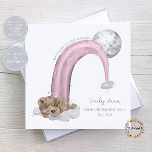 Nouvelle carte de bébé l Félicitations pour la naissance de votre enfant l Personnalisée l Carte de voeux de félicitations l Petite fille l Bébé garçon l Ours en peluche