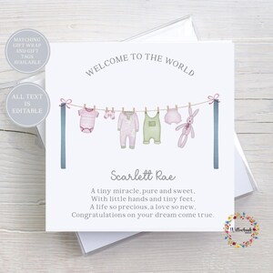Nouvelle carte de bébé l Félicitations pour la naissance de votre enfant l Personnalisée l Bébé fille l Bébé garçon l Bienvenue dans le monde l Vêtements pour bébé