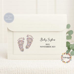 May include: A cream-colored baby announcement card with floral footprint designs. The card features the text "Baby Sykes DUE NOVEMBER 2025". The words "ALL TEXT IS EDITABLE" are also visible on the card.