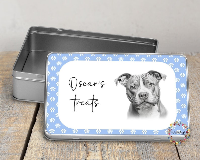 Personalised Pitbull DogTreat Tin l Puppy Treats l Dog Lover l New Puppy Gift l Dog Biscuit Storage Blue