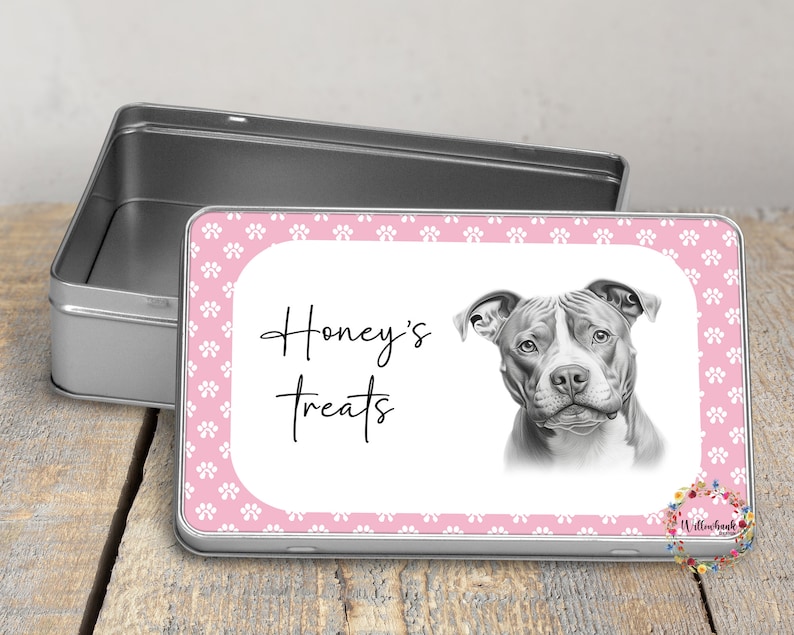 Personalised Pitbull DogTreat Tin l Puppy Treats l Dog Lover l New Puppy Gift l Dog Biscuit Storage Pink