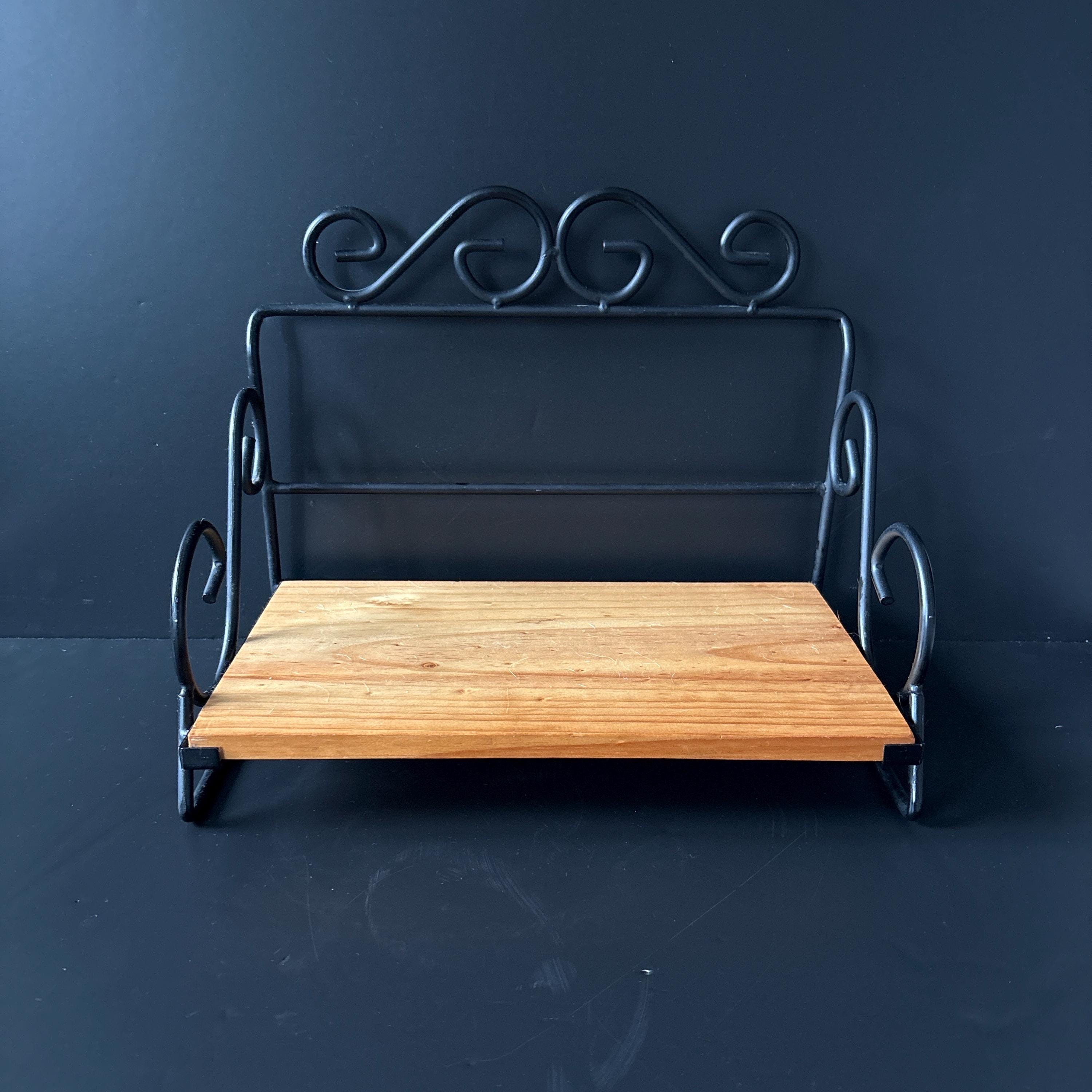 Vintage solid wood and wrought iron  wall mounted or tabletop shelf. 12” long, 8” deep, 10”” tall. Eclectic style home decor. Spice rack