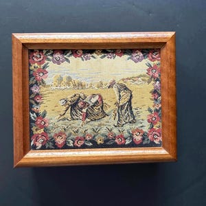 Vintage Tapestry Jewelry Box: Japanese Wood Box with Removable Compartment