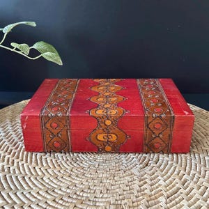Vintage wood handmade Polish box. Hand carved red wooden trinkets jewelry chest. Rectangular