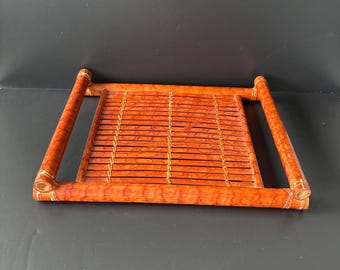 Vintage bamboo slatted coffee table serving tray. Rectangular warm chestnut finish. Eclectic home decor style.
