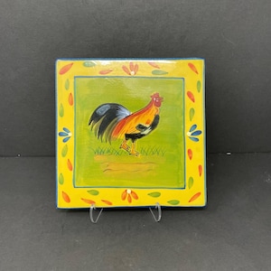 Vintage  Baum Bros square terracotta hand painted glazed kitchen tile trivet. Ceramic Wall Art. Ready To Hang
