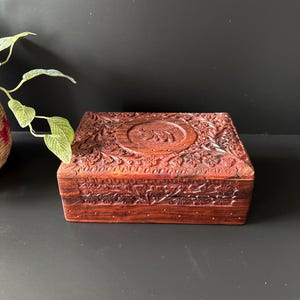 Vintage Rosewood Handcarved Trinkets box. Carved Elephant Wooden Keepsake Storage Hime Decor. Bookshelf Styling Accent. Rectangular Wood Box