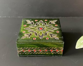 Vintage wood handmade Polish box. Hand carved green wooden square ornate trinkets holder. Small not lined. 4x4x1.75. Mother’s Day gift
