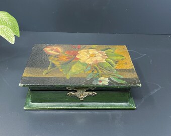 Vintage small hand painted wooden box brass hinges. Green floral rectangular wood trinkets storage. Tabletop bookshelf decor eclectic style