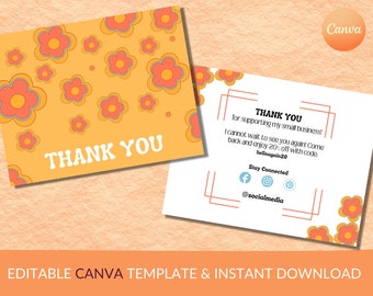 Groovy Customizable Package Insert, Printable Thank You Card, Editable Small Business Template, Business Coupon Card, Double Sided / Apricot
