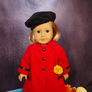 Vintage Corduroy Red Coat and Black Beret for Doll