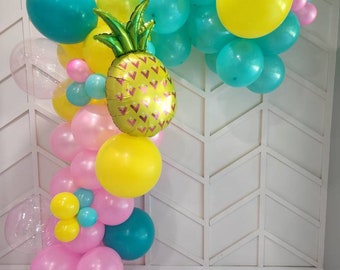Hawaiian Luau Themed Balloon Garland Party Decor - Pink, Turquoise and Yellow Balloons with Pineapple