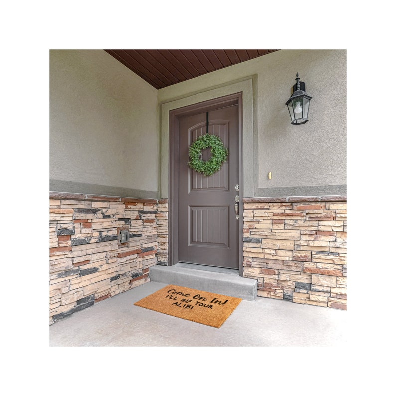 Come On In I'll Be Your Alibi Doormat, True Crime, Funny Door Mat, Gift Idea, Housewarming Gift, New Home Gift, Crime Show Fan, Dateline image 4