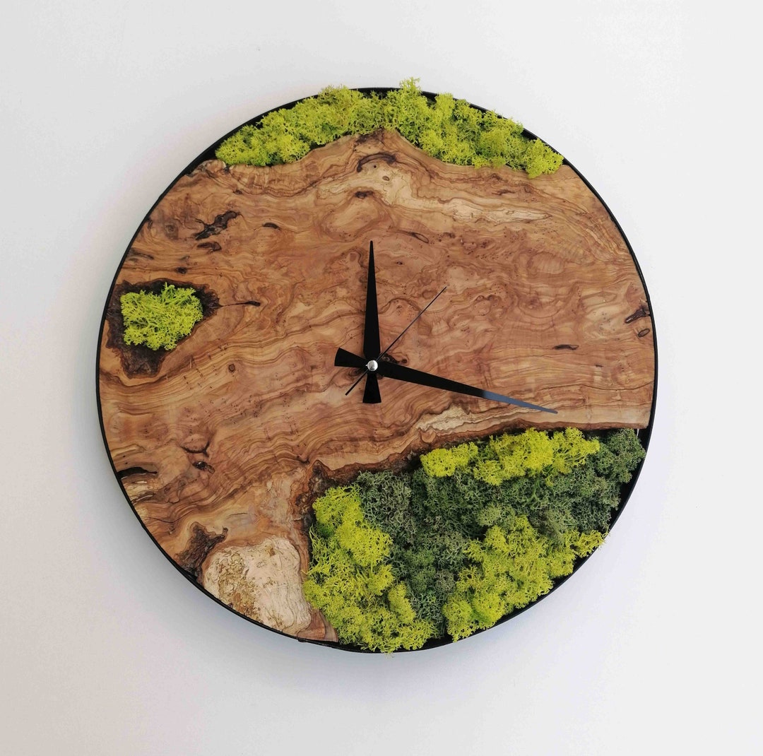 Natural Moss Wood Wall Clock, Olive Wood Moss Wall Clock, Handmade Wall