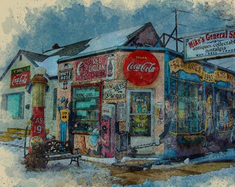 Mikes General Store - Canadiana Series (Manitoba) - Watercolor Illustration from APCrowley Studio