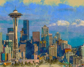 Seattle Skyline - Americana Series (Seattle) - Watercolor Illusration from APCrowley Studio