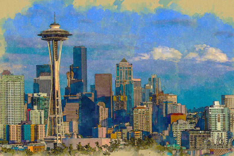 Seattle Skyline Americana Series Seattle Watercolor Illusration from APCrowley Studio image 1