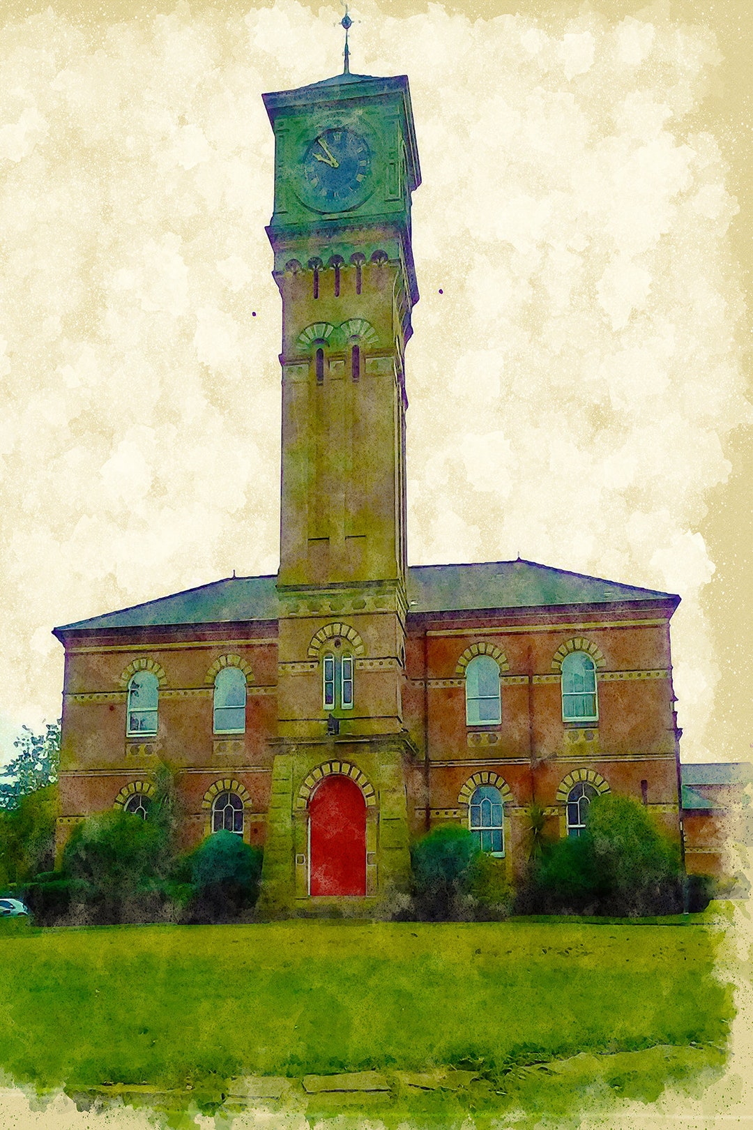 Parkside Hospital Clock Tower Britannia Series cheshire Watercolor