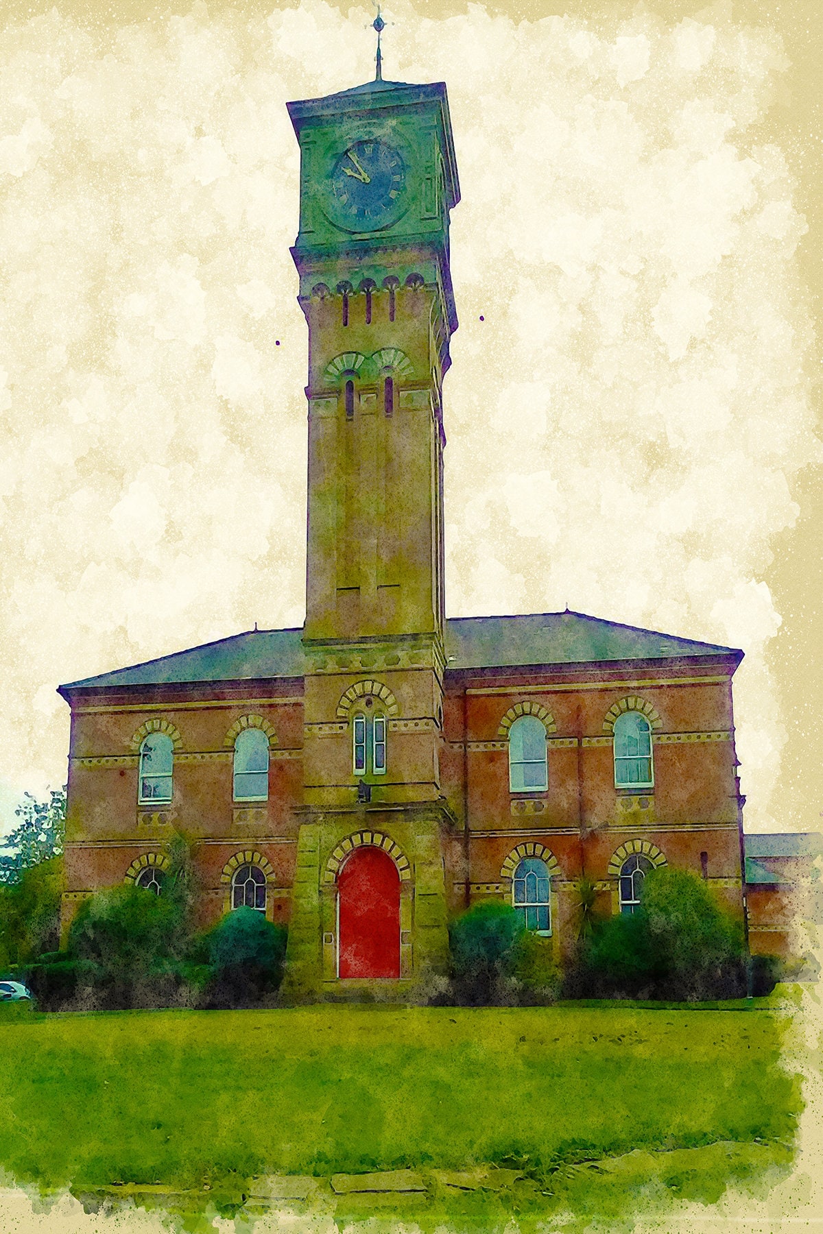 Parkside Hospital Clock Tower Britannia Series cheshire Watercolor