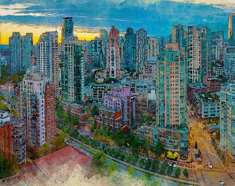 Downtown Vancouver Panorama - Canadiana Series (Vancouver) - Watercolor Illustration from APCrowley Studio