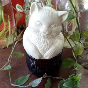 May include: White ceramic cat figurine with a brown and black basket base. The cat is sitting with its paws tucked in front of it. The figurine is surrounded by green leaves.