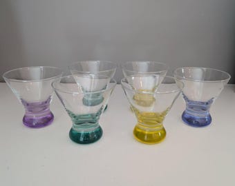 Vintage Cocktail Glass Set of 6 | Mid Century Colored Base Glasses | Retro Martini Glasses | MCM Barware | Mixed Color Stem Glass Set