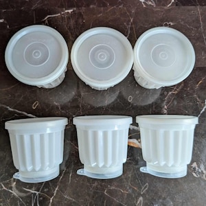May include: Six white plastic containers with lids. The containers have a ridged design and a small tab on the base. The lids are round with a central indentation. The containers are arranged on a dark, patterned surface.