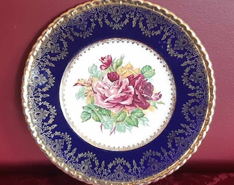Vintage Cobalt Blue Rose Plate: Signed Decorative China, Made in England