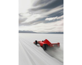 Cartel de Fórmula 1 vintage / Coche de F1 conduciendo en salinas / Coche de carreras vintage