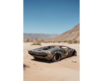 Cartel de Lamborghini en el desierto / Coche deportivo abandonado / Race Car Art