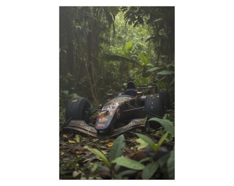 Coche de Fórmula 1 en la selva tropical / Arte del cartel de F1 / Coche de carreras antiguo / Gran Premio Vintage
