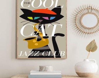 Black Cat Print, Cat Art, Jazz Music Lover Idea, Mid Century Modern Art, Cool Cat Poster Cat Lover, Cat Decor Cat Dad, Unframed