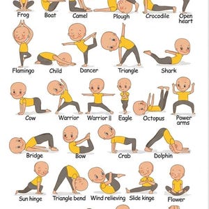 Könnte beinhalten: Ein Poster mit dem Titel Kids Yoga, das ein Raster aus Zeichentrickfiguren in verschiedenen Yoga-Posen zeigt. Jede Figur trägt ein gelbes T-Shirt und eine graue Hose und demonstriert Positionen mit Bezeichnungen wie Frog, Boat, Camel, Plough.