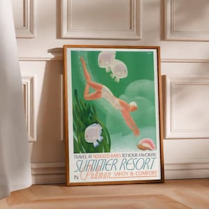 Könnte beinhalten: Ein gerahmtes Vintage-Reiseposter mit einem Taucher in einem weißen Badeanzug, Fischen und Wasserpflanzen vor grünem Hintergrund. Das Poster wirbt für ein Sommerresort mit dem Text "Summer Resort in Pullman".