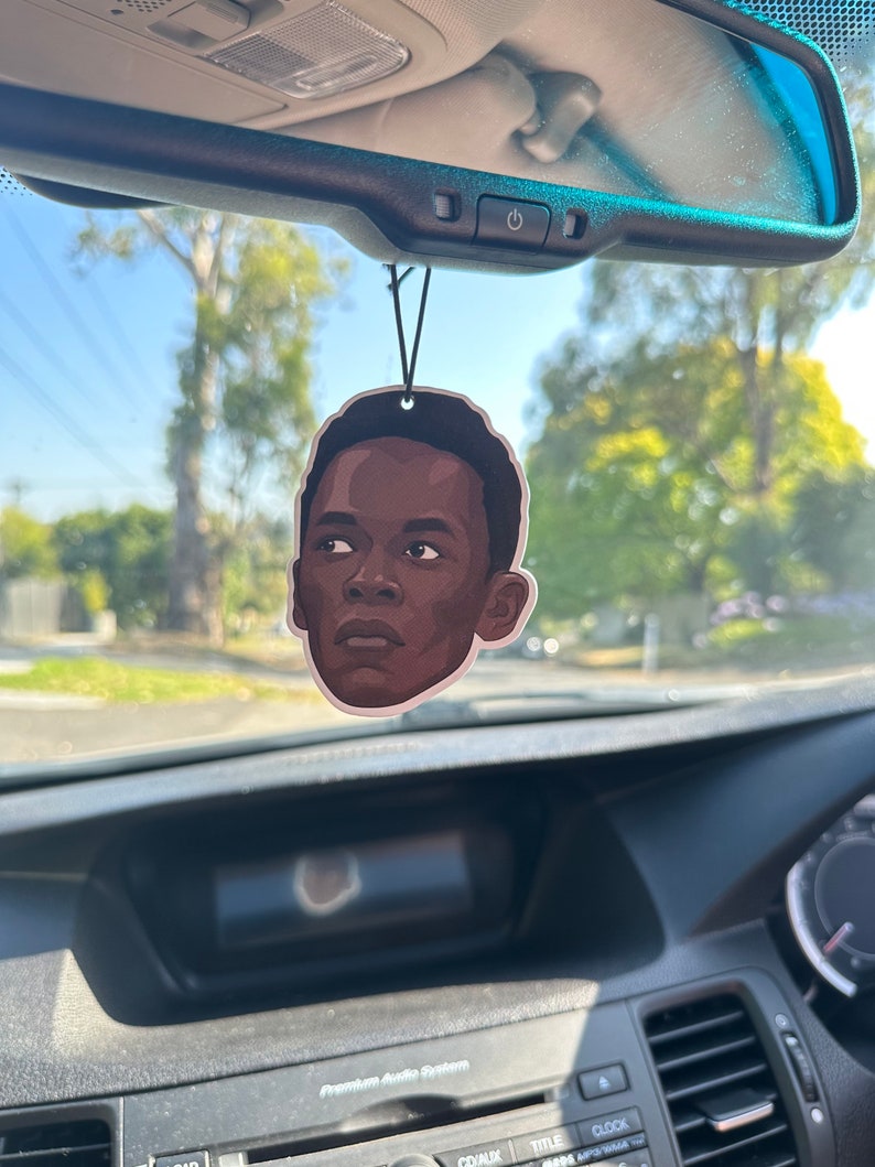 May include: A car air freshener featuring a black and brown illustration of a person's face. The air freshener is hanging from the rearview mirror of a car.