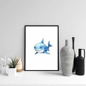 Cartoon Watercolour Blue Shark Kids Nursery 4 Art Print, home & bedroom decor for decor lovers, wall decor poster