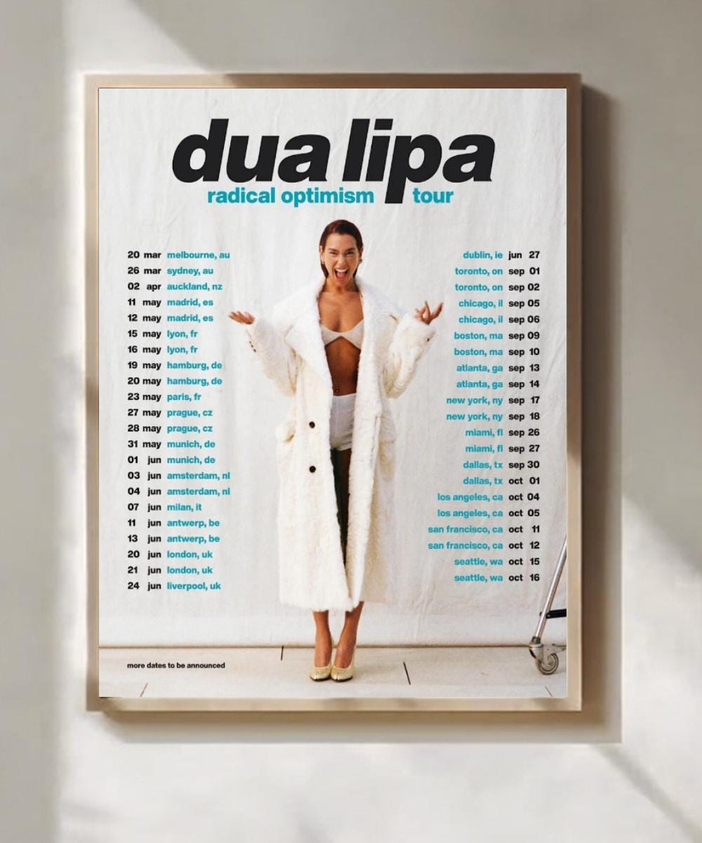 Dua Lipa Radical Optimism Tour 2025 Poster Tour Dates Wall Art Fan