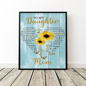 Pôster Skitongifts sem moldura, "Para minha filha, da mãe, coração, girassol, azul, carta de amor, citação", arte de parede, decoração de casa
