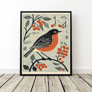Vintage Bird Linocut European Robin 3 Art Print wall decor poster