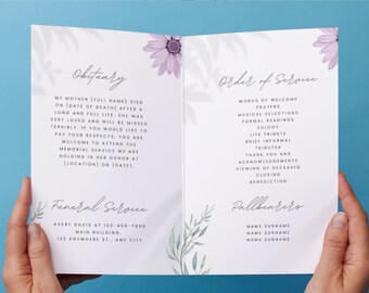 花の葬儀プログラムテンプレート、編集可能な死亡記事（印刷可能）