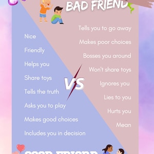 Good vs Bad friends poster - PRINTABLE Emotional Learning Social Skills, Speech Therapists for Student Counseling Groups