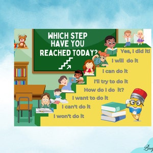 May include: A colourful illustration depicting a classroom setting with children and text. The text asks "WHICH STEP HAVE YOU REACHED TODAY?" with motivational phrases. A cartoon pencil character is also shown.