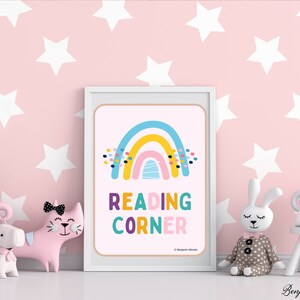 Letrero de esquina de lectura, impresión de rincón de lectura, decoración del aula Boho Rainbow, decoración de la escuela en el hogar, arte de la pared de la escuela en el hogar, decoración de la sala de juegos