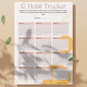 12 Habit Tracker Printable | Goal Planner | Mindfulness Exercises | Simple Tasks Planner | Editable Canva Instant Download